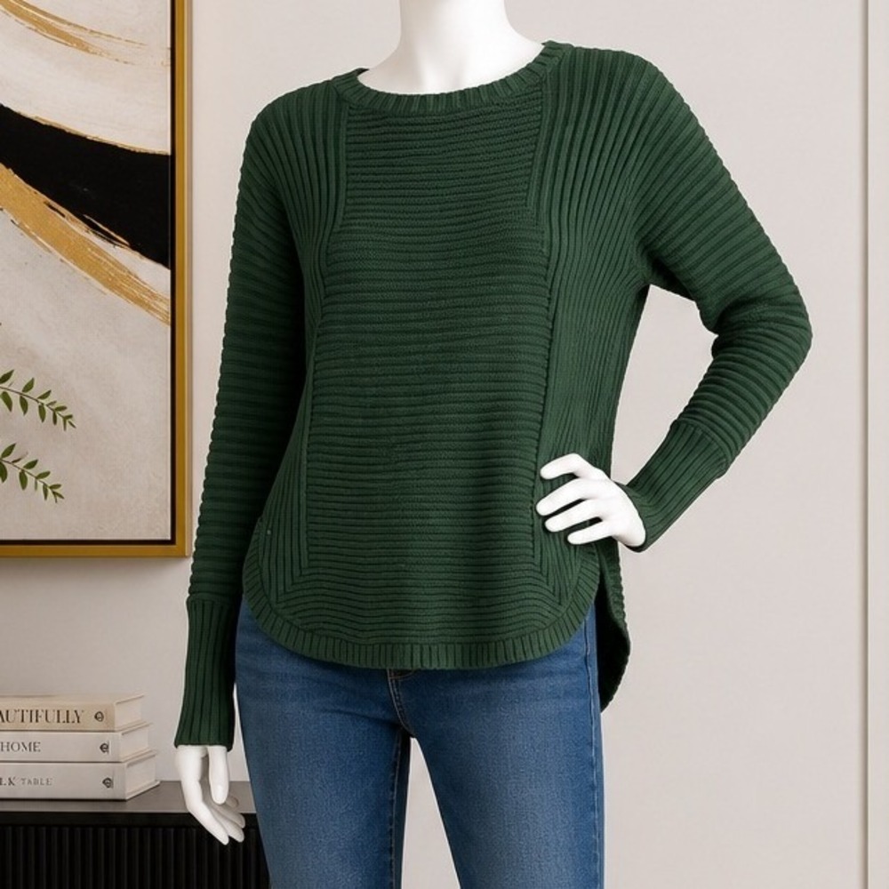 Aspen Women Sweater Dark Green Mixed Ribbed Knit Crew Neck XS